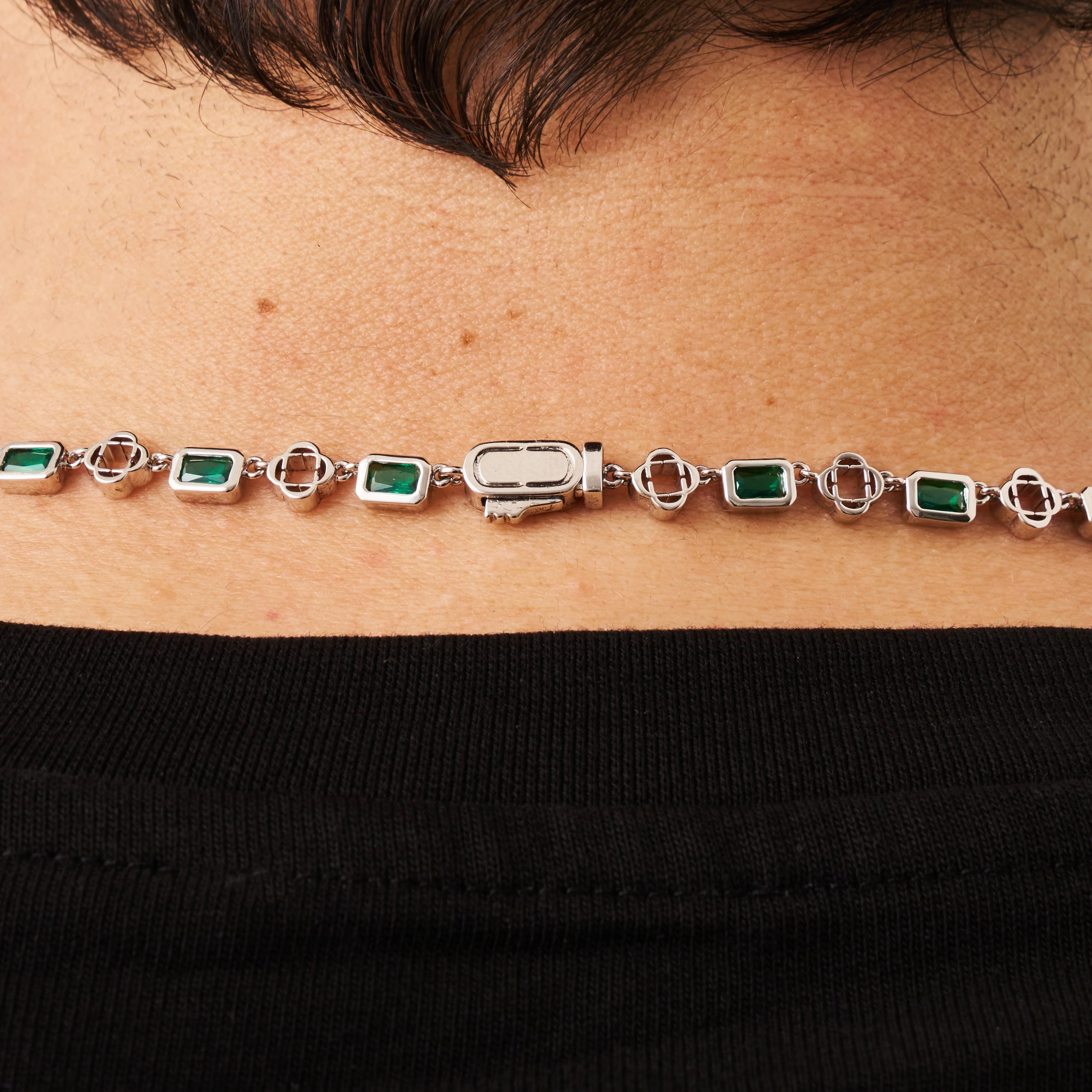 Green Gemstone Clover Necklace (Silver) - Image 7
