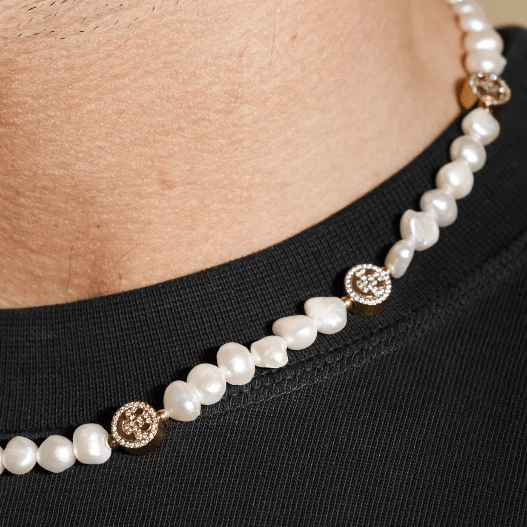 Iced Smiley Real Pearl Necklace (Gold) - Image 4