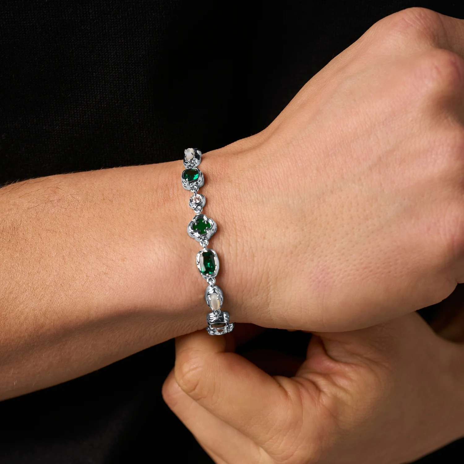 Melted Emerald Gemstone Bracelet (Silver) - Image 3